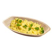 Oval palm leaf tray filled with mashed potatoes, ideal for buffets, potlucks, and sustainable event dining