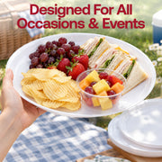 Oversized 14" white disposable serving platters featuring fresh fruit and sliced bread, ideal for large brunch catering and buffet displays