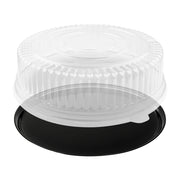Oversized 18" black round plastic serving tray with clear lid keeps appetizers protected on busy buffet tables