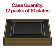 Pack of 120 black plastic dinner plates with gold square edge rim, 9.5-inch diameter
