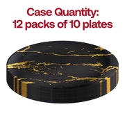 Pack of 120 black round disposable dinner plates with a gold marble stroke detail