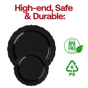 Pack of 120 black round disposable plastic appetizer or salad plates with a vintage rim, 7.5-inch diameter, perfect for events