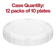 Pack of 120 clear round disposable plastic appetizer or salad plates with a silver vintage rim