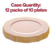Pack of 120 disposable pink plastic plates with a blossom motif and gold rim, 7.5-inch size