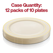 Pack of 120 ivory plastic dinner plates with a gold decorative edge