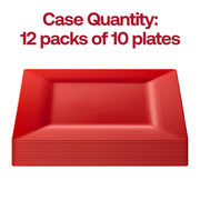 Pack of 120 red square disposable plastic dinner plates, 9.5-inch size