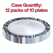 Pack of 120 round white plastic appetizer plates featuring a stylish black zebra pattern, 7.5-inch and disposable
