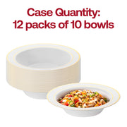 Pack of 120 round white plastic bowls featuring a gold edge rim, 5 oz capacity