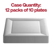 Pack of 120 silver disposable charger plates with square edges and elegant beaded detailing