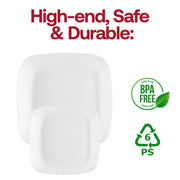 Pack of 120 solid white plastic plates featuring a flat, rounded square design, 8.5 inches, suitable for buffets or catering.