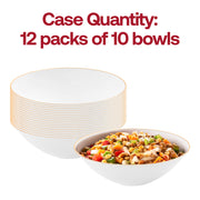 Pack of 120 white dessert bowls with gold rim accents, 6 oz capacity, round disposable design