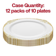 Pack of 120 white dinner plates featuring a fancy gold design, crafted from durable disposable plastic