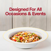 Pack of 120 white plastic 12 oz. soup bowls featuring a stylish gold edge rim, perfect for weddings and formal dining