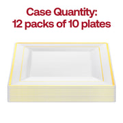 Pack of 120 white plastic appetizer plates with a sleek gold square edge rim, 6.5 inches in diameter