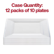 Pack of 120 white plastic appetizer plates with a sleek silver square edge rim, 6.5 inches in diameter