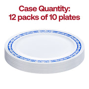 Pack of 120 white plastic appetizer plates with a stunning blue and silver royal rim
