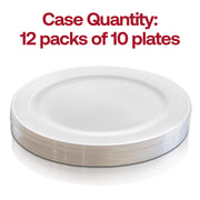 Pack of 120 white plastic appetizer plates with decorative silver edge