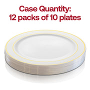 Pack of 120 white plastic buffet plates with stylish gold edge detailing, 9-inch diameter