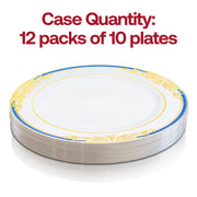 Pack of 120 white plastic dinner plates with a chic blue and gold harmony rim