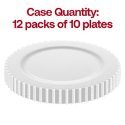 Pack of 120 white plastic dinner plates with a decorative pearl string rim