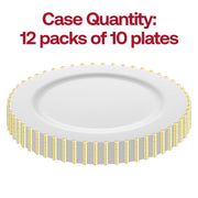 Pack of 120 white plastic dinner plates with a gold pearl string trim, 10-inch diameter