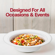 Pack of 120 white plastic soup bowls with a stylish silver edge, 12 oz., ideal for formal dining or catering, BPA-Free