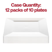 Pack of 120 white square plastic dinner plates, neatly arranged to showcase the bulk pack quantity
