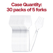Pack of 150 clear plastic serving forks, 9.75 inches each, lightweight and disposable for easy cleanup.