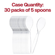 Pack of 150 clear plastic serving spoons, 9.75 inches each, lightweight and disposable for easy cleanup.