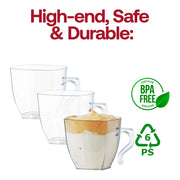 Pack of 192 BPA-free clear plastic coffee mugs with a modern square design, 8 oz capacity, and durable construction