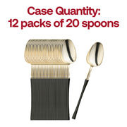 Pack of 240 Moderno disposable dinner spoons, gold bowl with black handle, ideal for large events.