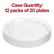 Pack of 240 floral-patterned clear round plastic pastry plates, 6.25-inch diameter, disposable and elegant