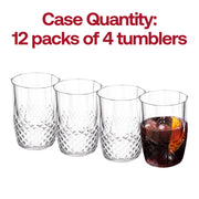 Pack of 48 clear plastic tumblers featuring a stylish stripe pattern, round shape, and a 16-ounce capacity
