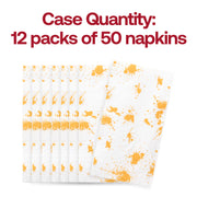 Pack of 600 large dinner napkins with gold splatter, offering the ideal size and quantity for big gatherings