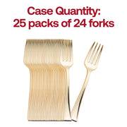 Pack of 600 shiny metallic gold mini plastic forks, 4 inches each, ideal for tastings, parties, and catering.
Durable 4-inch gold mini plastic tasting fork, lightweight and stylish for elegant food presentation.
