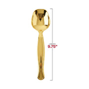 Pack of 60 gold plastic serving spoons, 9.75 inches each, lightweight and disposable for easy cleanup.