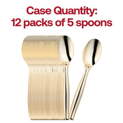 Pack of 60 gold plastic serving spoons, 9.75 inches each, lightweight and disposable for easy cleanup.