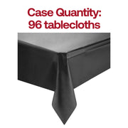 Pack of 96 black disposable plastic tablecloths, 54 x 108 inches each, perfect for large parties, events, and catered functions.