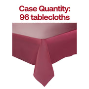 Pack of 96 burgundy disposable plastic tablecloths, 54 x 108 inches each, ideal for large parties, events, and catered functions.