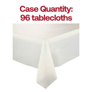 Pack of 96 ivory disposable plastic tablecloths, 54 x 108 inches each, perfect for large parties, events, and catered functions.