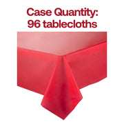 Pack of 96 red disposable plastic tablecloths, 54 x 108 inches each, perfect for large events, parties, and catered functions.