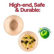 Palm leaf disposable soup bowl used at a casual outdoor meal, enhancing the natural, eco-friendly vibe