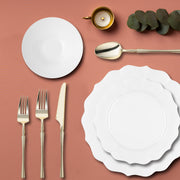 Pearl White Round Lotus Plastic Tableware Set displayed at a sophisticated bridal shower.