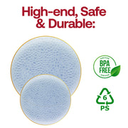 Pearl clear blue dinner plates with a gold hammered rim design, made of durable BPA-free plastic