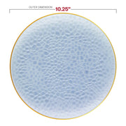Pearl clear blue plastic dinner plates with a gold hammered glass-style rim, 10.25-inch diameter
