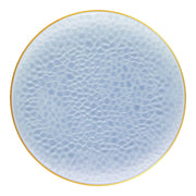 Pearl clear blue round plastic dinner plates with a luxurious gold hammered rim