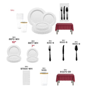 Perfect for upscale tailgates, this set adds style with pearl string plates and gold-rimmed tumblers.