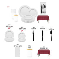 Perfect for upscale tailgates, this set adds style with pearl string plates and gold-rimmed tumblers.