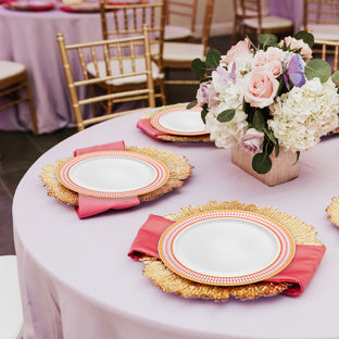 Perfect way to serve white with red and gold chord rim plastic dinner plates (10.25