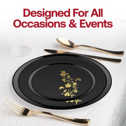 Petite black pastry plate with metallic floral print, great for cake slices or truffles